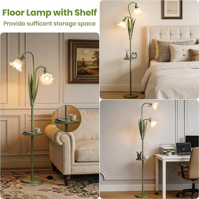 Funky Flower Floor Lamp with Table, Adjustable Gooseneck Floor Lamp with 3 Color Temperature, LED Bright Standing Lamp for Living Room, Bedroom, Corner, for Girl Women