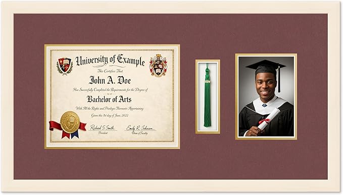 Diploma Tassel and Photo Shadowbox Fits 11 x 8.5 US Letter Certificate with TASS Coastal Whitewash Genuine Hardwood with Dark Red Over Metallic Gold Double mat