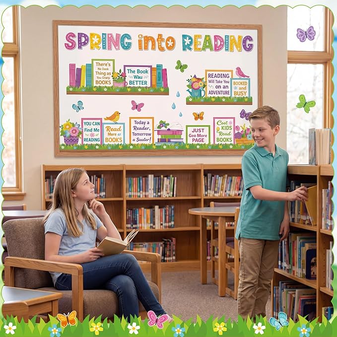 Qilery Spring Bulletin Board Set Reading Classroom Decorations, Spring Into Reading Cutouts for Teachers, Motivational Library Wall Door Decor, Seasonal Book Corner Supplies for Elementary School