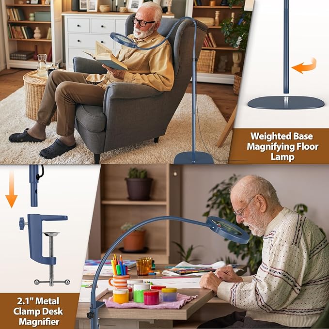 10X Magnifying Glass with Light and Stand, 24" Flexible Gooseneck Magnifying Floor Lamp, 3-in-1 LED 5 Color Modes Stepless Dimmable Lighted Magnifier Hands Free for Close Work, Reading - Blue