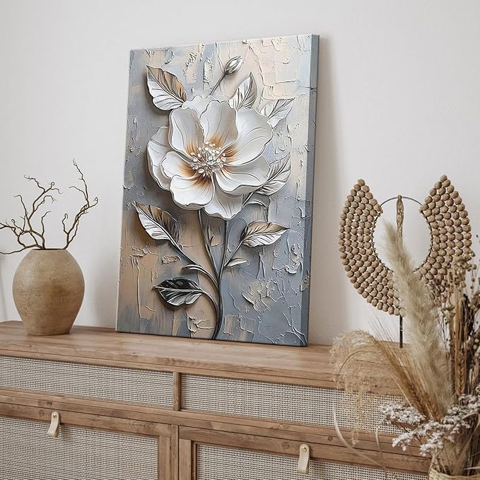 Elegant White Flower Canvas Wall Art Modern Abstract Floral Wall Decor Picture Blooming Flower Poster Print for Office Living Room Bedroom Bathroom Home Decoration 12x16in