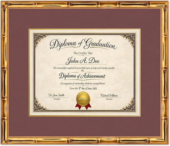 Diploma Frame Gold Bamboo with Dark Red Over Gold Double Mat - Fits 14 x 11 College Diploma (Modern) Wall Display Made in the USA