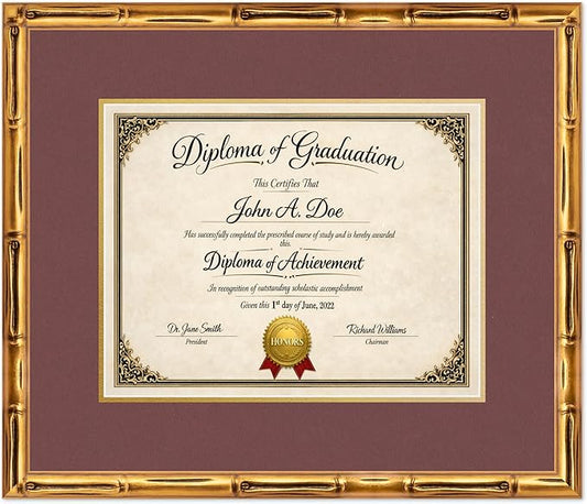 Diploma Frame Gold Bamboo with Dark Red Over Gold Double Mat - Fits 14 x 11 College Diploma (Modern) Wall Display Made in the USA