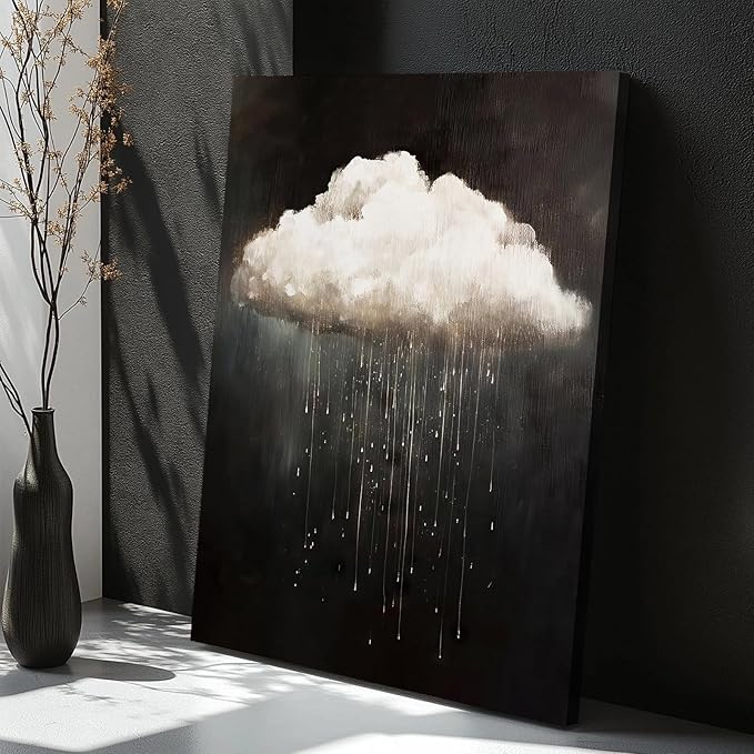 Framed Modern Abstract Canvas Prints Wall Art Vintage Rain Cloud Oil Painting Wall Art White Clouds in The Sky Nature Abstract Minimalist Home Artwork Decoration for Bedroom, Bathroom, Ready to Hang