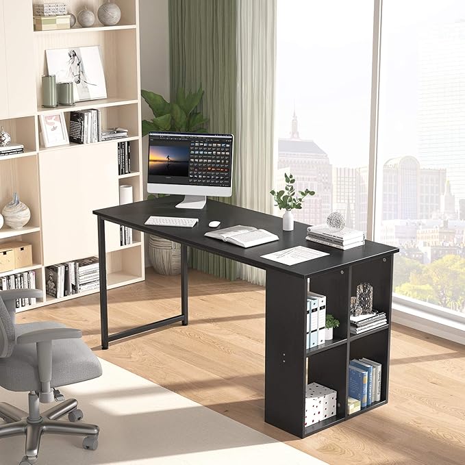 Topfurny 47.2'' Computer Desk with Storage Shelves, Modern Home Office Desk Computer Table with Cabinets, Student Studying Writing Desk Wood Desk Workstation for Home Office, Black