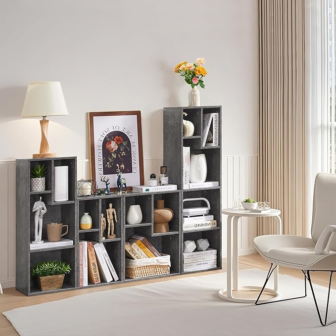 VECELO 3-Tier Small Bookcase, 4 Cube Bookshelf with Height Difference Shelves for Most Books, Modern Floor Standing Unit, Each Shelf Hold Up to 66 LBS for Living Room Bedroom, Grey