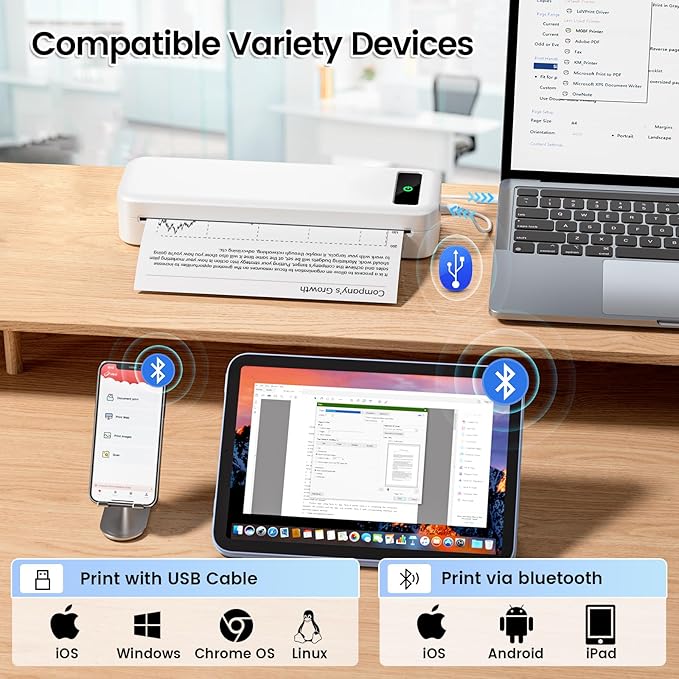 ASprink Portable Printers Wireless for Travel,M835 Inkless Thermal Printer Support 8.5" X 11" US Letter, Compatible with iOS/Android/PC/Phomemo APP, Mobile Travel Printer for Home,Car,Office,300DPI