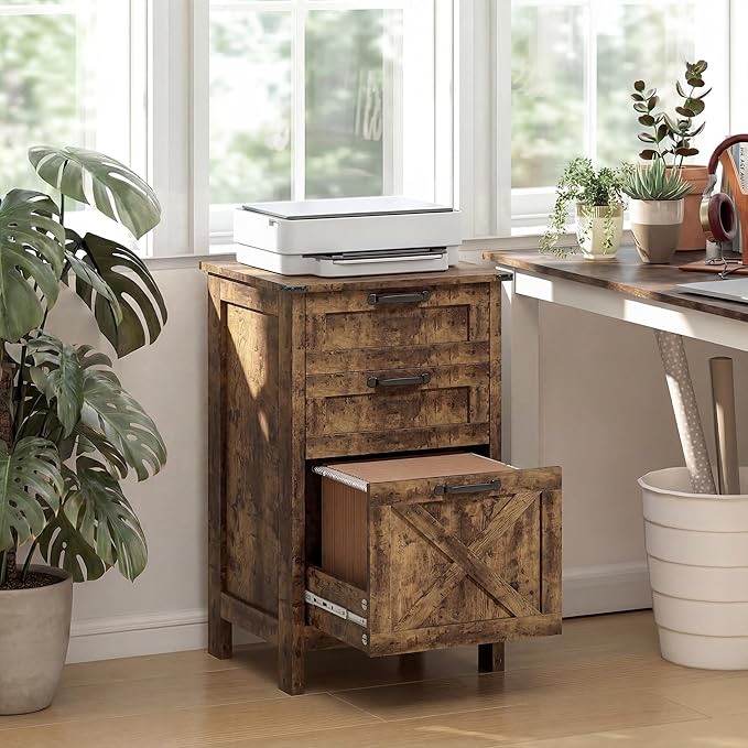 HOMCOM 3 Drawer File Cabinet with Silent Slides, Vertical Filing Cabinet for Hanging A4/Letter Size, Rustic Farmhouse Printer Stand with Storage for Home Office, Rustic Brown