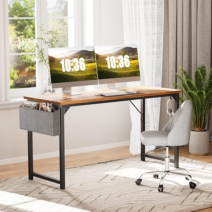 OLIXIS 47 Inch Computer Office Desk for Small Spaces, Writing Gaming Work Desk Modern Study Table with Storage Bag & Headphone Hook Home Bedroom, Rustic Brown