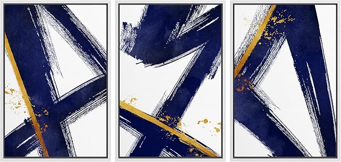 IDEA4WALL Framed Canvas Print Wall Art Set Blue Gold Geometric Graffiti Paint Stripes Abstract Shapes Illustrations Modern Art Contemporary for Living Room, Bedroom, Office - 24"x36"x3 White