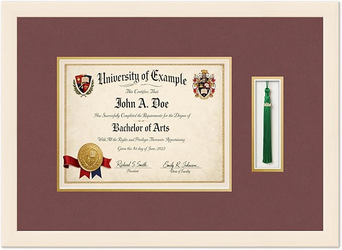 Diploma and Tassel Frame Fits 11 x 8.5 US Letter Certificate with Tas Coastal Whitewash Genuine Hardwood Shadowbox with Dark Red Over Metallic Gold Double mat