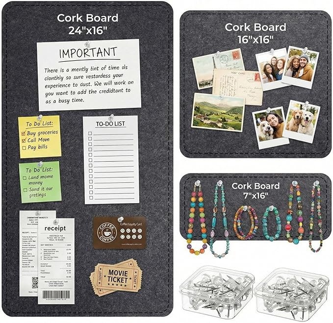 3 Pack Large Felt Bulletin Boards 24"/16"/7"x 16" Foldable Picture Vision Board for Office Wall Frameless Cork Board with 60 Push Pin for Home, Kitchen, Wall Pin Boards(Grey)