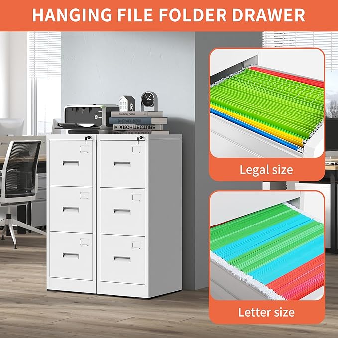 3 Drawer File Cabinet with Lock,White Metal Filing Cabinets for Home Office,Steel Vertical File Cabinet,Heavy Duty Metal Storage Cabinet for A4/Letter/Legal Size Files,Assembly Required