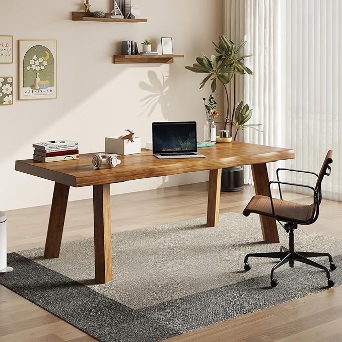 Solid Wood Desk 55 inches, Live Edge Wooden Home Office Computer Desk Modern Simple Design for Writing, Study, Dining, Gaming