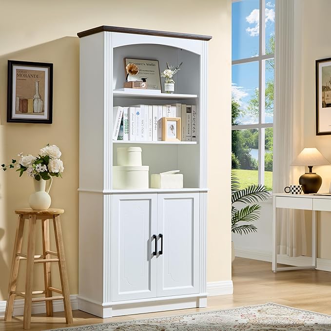 LIDYUK White 5 Tier Book Shelf and Bookshelf with Storage Cabinet Doors, 72 Inch Tall Bookcase, Wooden Cube Storage Organizer, Display Cabinet Furniture, Living Room, Pantry