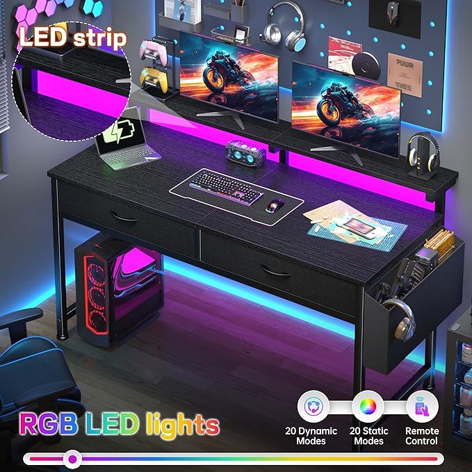47.3Inch Gaming Desk with LED Lights with 2 Drawers, Home Office Desk Computer Desk with Side Pocket & Ergonomic Monitor Stand, Small Space Study Writing Table with Anti-Tip Design,Black