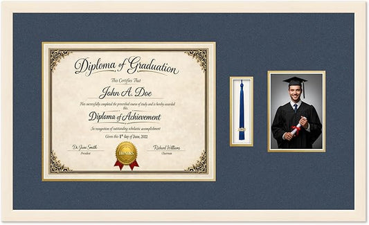 Diploma Tassel and Photo Frame Coastal Whitewash Shadowbox Navy Blue Over Gold Mat - Fits 15 x 12 Degree Picture Made in the USA