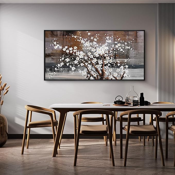 KLAKLA Wall Art for Living Room - Black Framed Wall Decor - Large Size Natural Botanical Plum - Wooden Framed Abstract Brown Picture Artwork for Bedroom Office