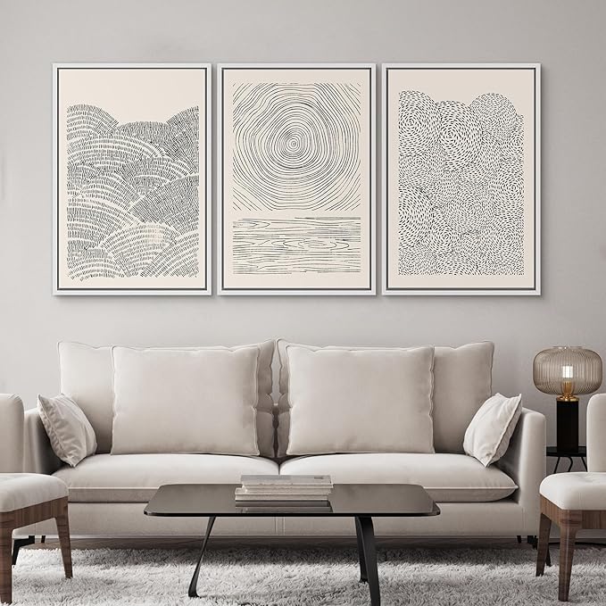 SIGNWIN Framed Canvas Print Wall Art Set Geometric Spiral Ring Wave Pattern Abstract Shapes Cozy Neutral Modern Art Decorative Contemporary Minimal for Living Room, Bedroom, Office - 24"x36"x3 White