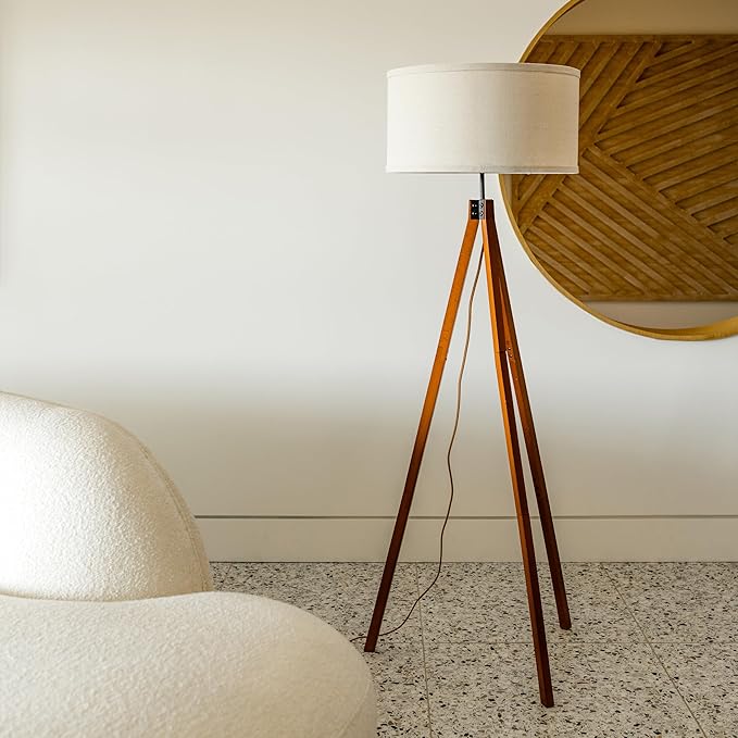 Brightech Eden Tripod Floor Lamp, Dimmable Standing Lamp with Solid Wood Legs for Bedroom Reading, Tall Tree Lamp for Offices, Modern LED Lamp for Living Rooms, Great Living Room Decor - Havana Brown