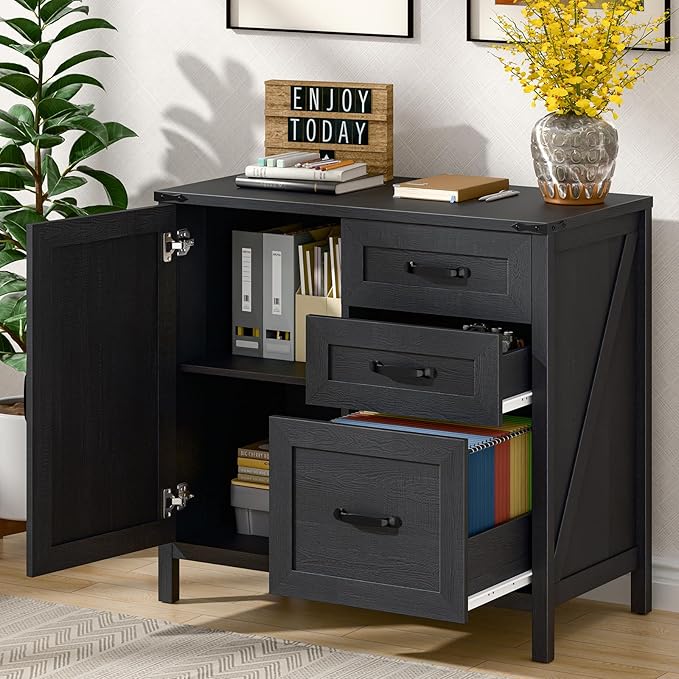 Farmhouse Lateral Filing Cabinet, Lateral File Cabinet with 3 Drawers and Storage Cabinet, Wooden Printer Stand with File Drawer for Letter/A4 Size Hanging File for Home Office, Rustic Black