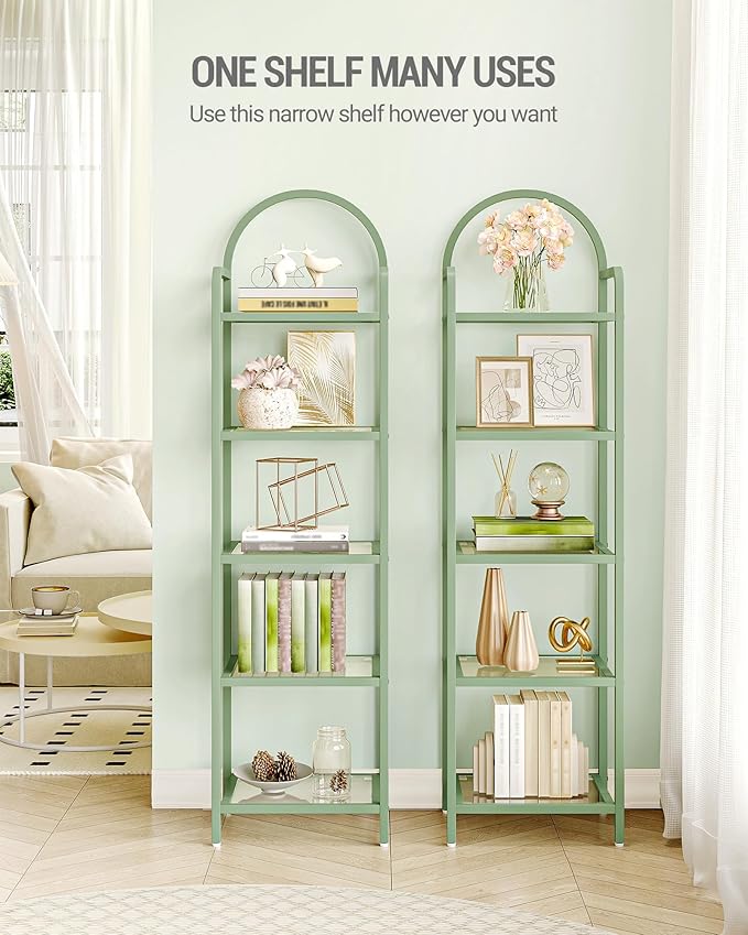 Bookcase Bookshelf, Tempered Glass Bookshelves, Slim Shelving Unit for Bedroom, Bathroom, Home Office, Steel Frame, 5 Tier Green BC05099C