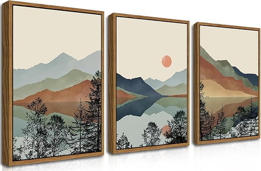 AKWISH Mountain Canvas Wall Art Set of 3, Boho Watercolor Poster Prints Paintings, Sun Forest Abstract Nature Landscape Artwork Wall Decor for Living Room, Bedroom, Office 16x24 In Brown Framed