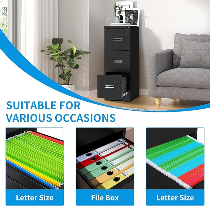 3 Drawer Filing Cabinet with Lock and Card Slot, Locking Vertical File Cabinet for Home Office, Small Metal File Cabinets for Hanging Legal Letter File Folders, Assembly Required(Black)
