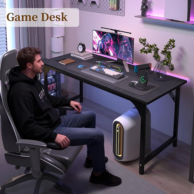 AZN Computer Desk, 47in Computer Desk, Office Desk w/Sturdy Metal Frame, Office Desk w/Water-Resistant, Scratchproof Surface, Home Office Desks w/Large Legroom for Work Study Writing Gaming, Black