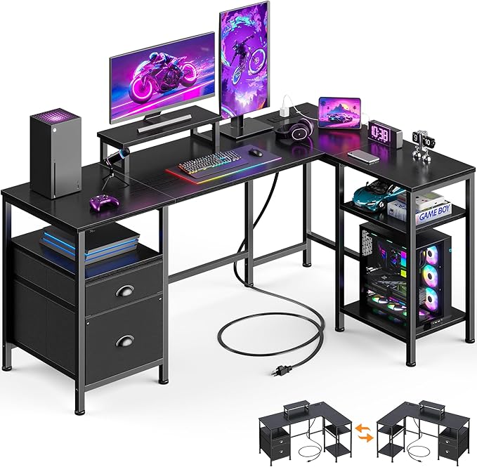 Furologee L Shaped Gaming Desk with Power Outlet, Corner Computer Desk for Home Office, Reversible 50 Inch Work Study Table with File Drawer, Monitor Stand, Storage Shelves, Black