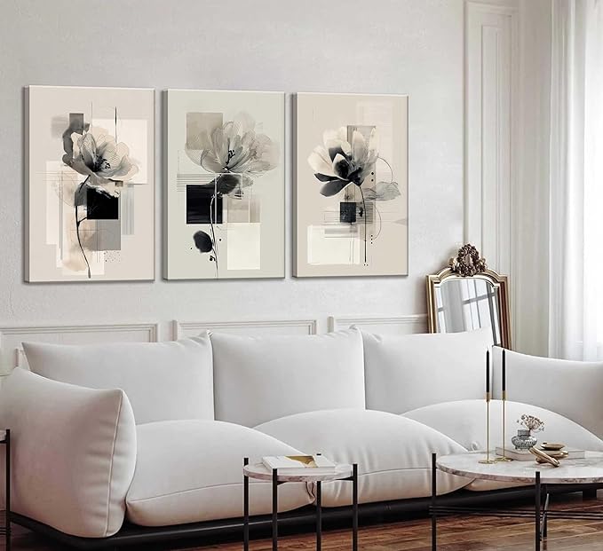3Pcs Modern Abstract Floral Canvas Wall Art Minimalist Neutral Beige And Black Flower Botanical Painting Picture Wall Decor Poster Print Artwork for Living Room Bedroom Home Decoration