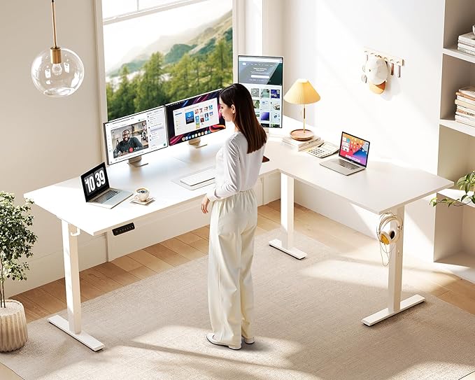 Casaottima 71 Inch Reversible Electric L Shaped Standing Desk, Height Adjustable Corner Stand up Desk, Ergonomic Large Lift Table for Home, Office, Workstation, Reception Room, White