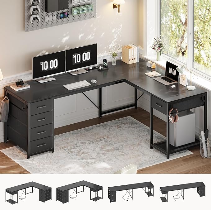 57" L Shaped Desk with 5 Drawers, Reversible Computer Corner Desk with Storage & Power Strip for Home Office, 78.7" Long 2 Person Desk, Black