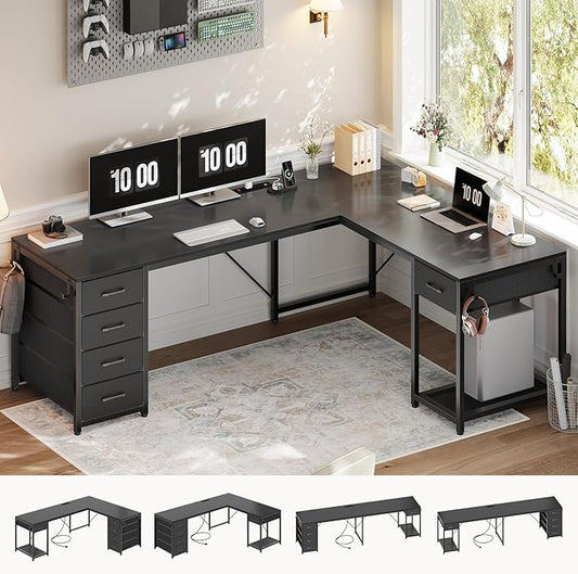 57" L Shaped Desk with 5 Drawers, Reversible Computer Corner Desk with Storage & Power Strip for Home Office, 78.7" Long 2 Person Desk, Black
