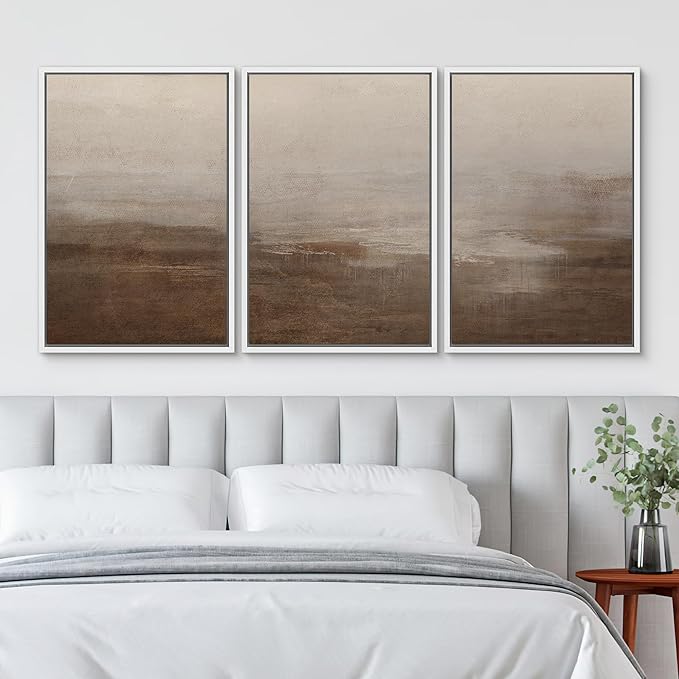 SIGNWIN Framed Canvas Print Wall Art Abstract Hazy Landscape Modern Minimalist Beige and Brown Nature Wilderness Modern Art Cool for Living Room, Bedroom, Office - 24"x36"x3 White