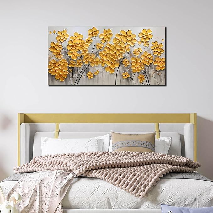 SKYRISE Abstract Gold Yellow Floral/Flower Wall Art Decor for Living Room, Modern Canvas Art Decorative-Picture Print Artwork for Bedroom Office, Size 40x20 Inches