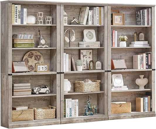 70" Grey Tall Bookshelf Set of 3,5-Tier Thick Wooden Book Shelf with Adjustable Shelves,Free Standing Farmhouse Bookcase with Open Display Storage,Floor Vintage Bookshelves for Living Room