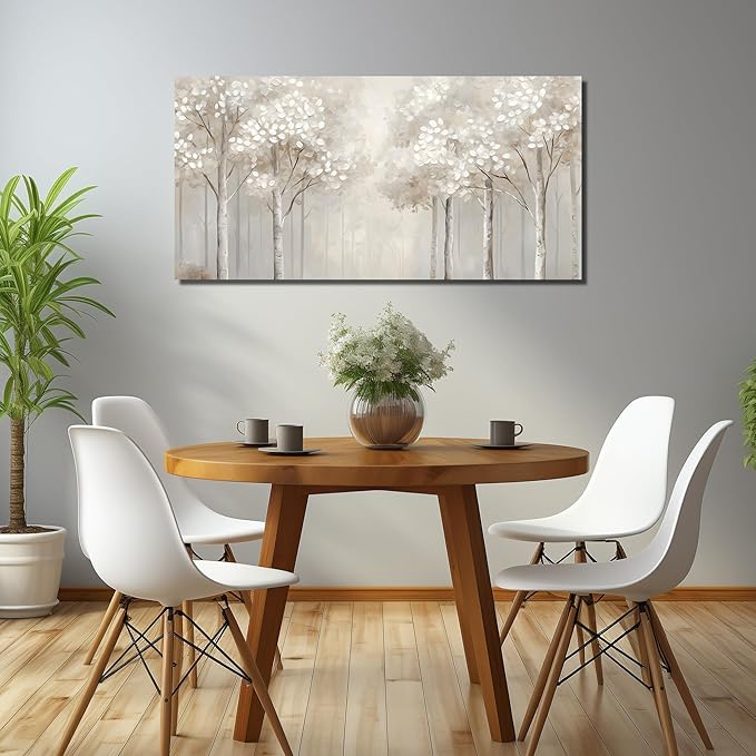 ANCXWOTER Large Forest Wall Art for Living Room Light Grayish-White Misty Birch Tree Picture for Bedroom Office Modern Landscapes Canvas Prints Ready to Hang 20x40 Inch（This color is a kind of light beige with a hint of gray, misty and dim.）