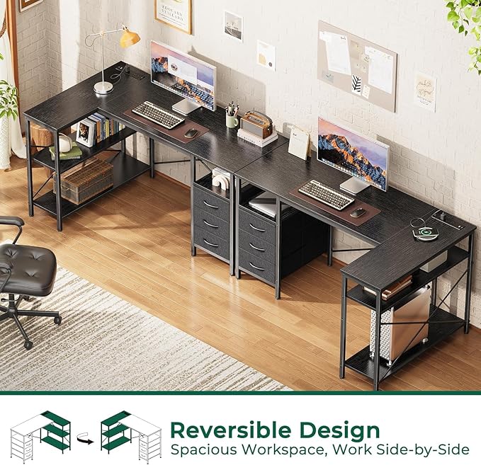 Simple Deluxe L Shaped Gaming Desk with Power Outlets, 47 Inch Computer Desk with 3 Drawers, Shelves, Corner Computer Desk for Gaming, Corner Work, Home Office, Study, Black