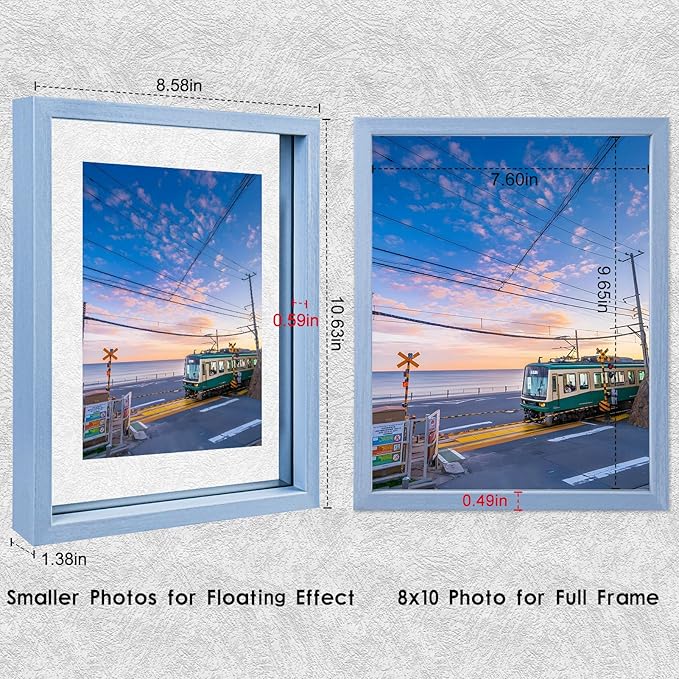MUYE 8x10 Floating Frame Set of 2,Double Real Glass Photo Frame for Wall Hanging or Tabletop Standing,Display Any Size Photo up to 8x10,Blue