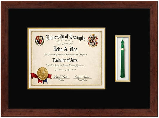 CountryArtHouse Diploma and Tassel Frame Fits 10 x 8 Professional License with Tassel Hook Rustic Walnut Genuine Hardwood Shadowbox with Black Over Metallic Gold Double mat