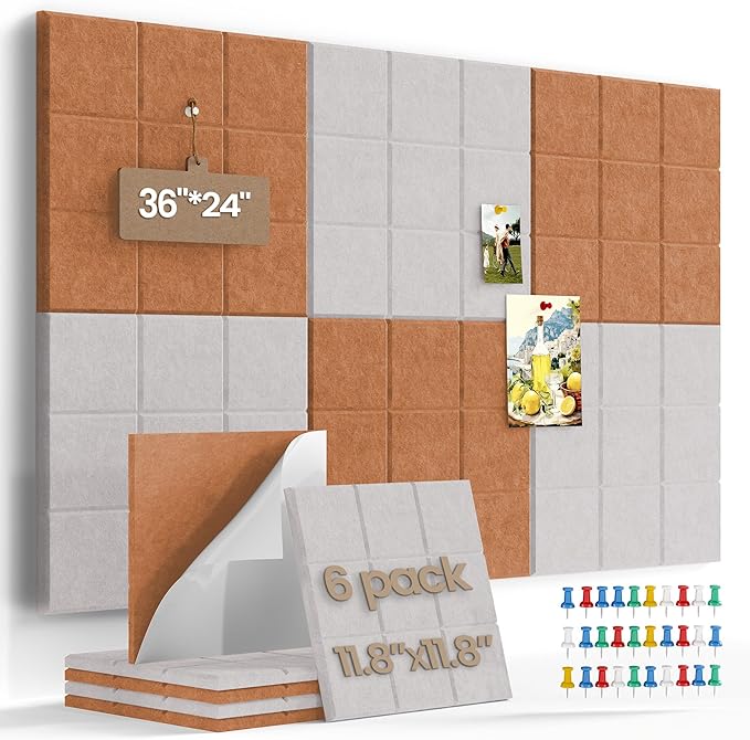 Large Felt Board Tiles for Wall with 30 Push Pins, 11.8"x11.8" Pack of 6 Pin Board Notice Boards for Home Office Kitchen, Bulletin Board Wall Tiles for Photos Memos (Orange+Grey, 6 Pack)