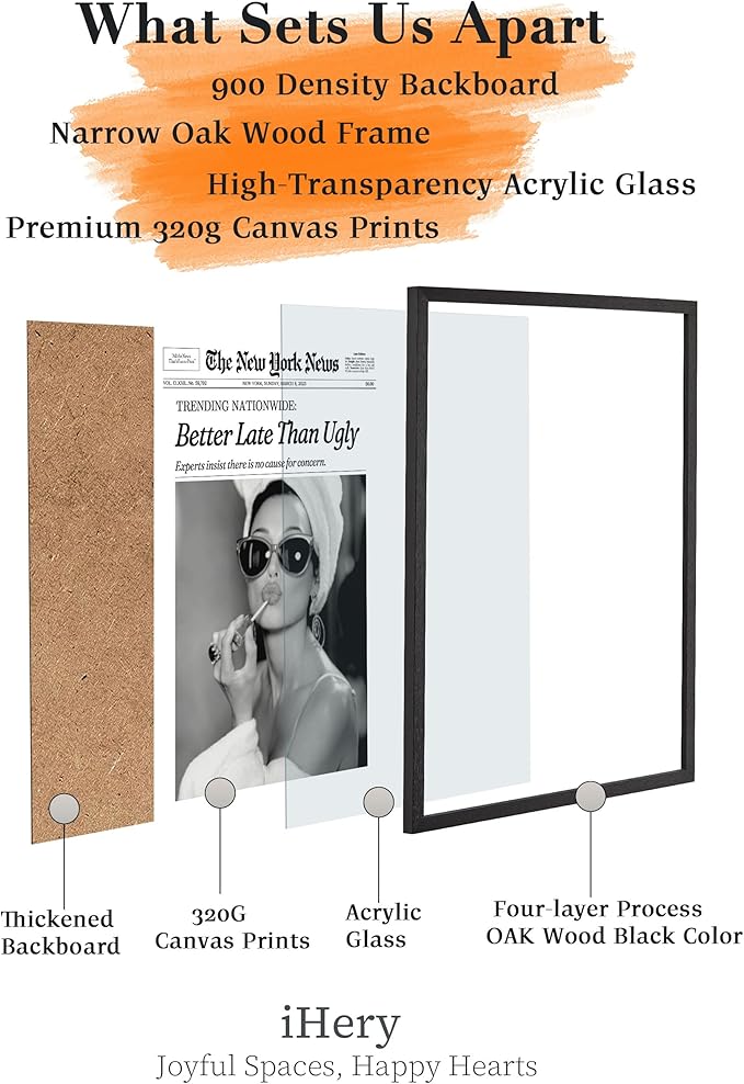iHery Premium Natural Black OAK Wood 12x16in Audrey Hepburn Trendy Framed Wall Art, Vintage Funny Better Late Than Ugly Canvas Bathroom Wall Decor Essential,Girly Dorm Bedroom Living Artwork 1Pack