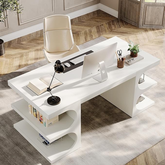 Tribesigns White Executive Office Desk, 63" Computer Desk with Storage Shelves, Modern Wood Study Writing Table, Large Workstation Business Furniture for Home Office (Table Only)