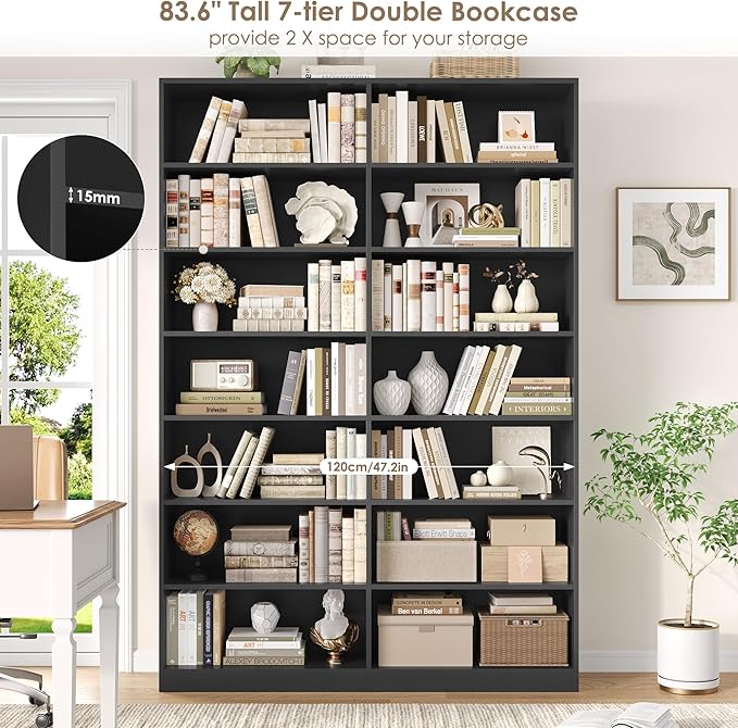 FACBOTALL 83.6" Tall Bookshelf and Bookcase, 7-Tier Extra Large Bookshelf with Double Storage, 14 Open Display Shelves for Home Office, Study and Living Room, Black