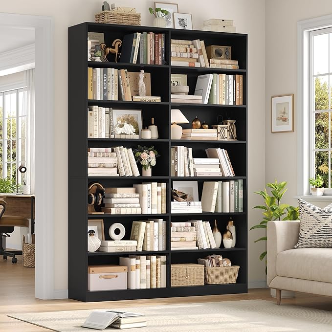 FACBOTALL 83.6" Tall Bookshelf and Bookcase, 7-Tier Extra Large Bookshelf with Double Storage, 14 Open Display Shelves for Home Office, Study and Living Room, Black