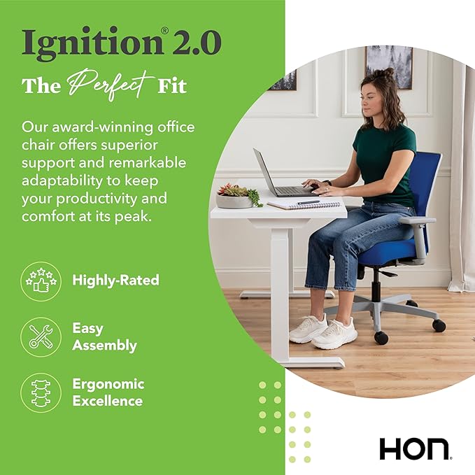 HON Ignition 2.0 Low Back Task Chair, Spectrum Mesh, Standard Synchro-Tilt Control, Office Chair with Lumbar Support, Height and Width Adjustable Arms, Titanium Frame, Cobalt