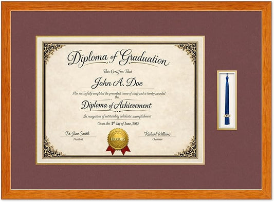 Diploma Frame with Tassel Holder Honey Oak Shadowbox Dark Red Over Gold Mat - Fits 17 x 13 Degree Made in the USA
