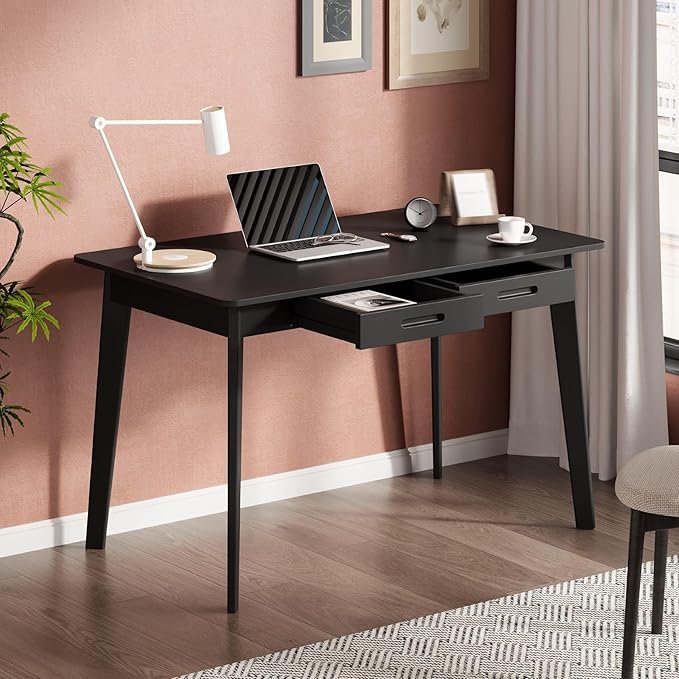 40 Inch Compact Computer Gaming Desk, Black Study Work Office Desk with 2 Storage Drawers, Rectangular Study Reading Table, Simple Computer Writing Table for Home Office, Living Room