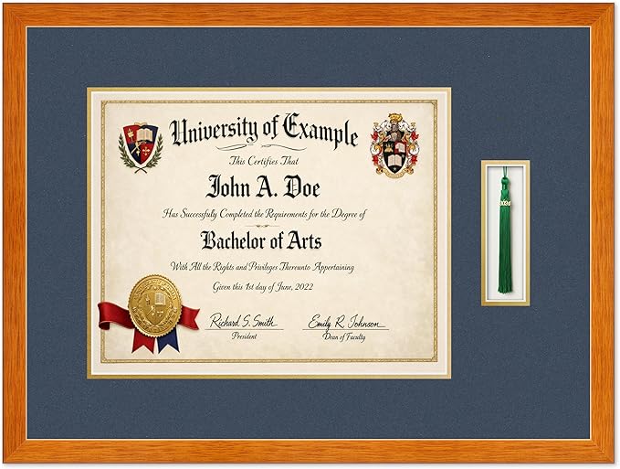 Diploma and Tassel Frame Fits 15 x 12 Military/Government with Tassel Hook Honey Oak Genuine Hardwood Shadowbox with Navy Blue Over Metallic Gold Double mat